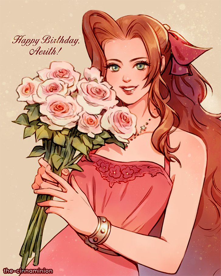 1girl, aerith_gainsborough, aerith_gainsborough_(ruddy_pink_dress), bangle_(animal_crossing), bare_shoulders, bouquet, breasts, brown_hair, dress, final_fantasy, final_fantasy_vii, final_fantasy_vii_remake, flower, green_eyes, hair_ribbon, happy_birthday, holding, holding_bouquet, jewelry, leaf, lipstick, long_hair, makeup, medium_breasts, necklace, official_alternate_costume, parted_bangs, parted_lips, pink_dress, pink_flower, pink_ribbon, pink_rose, ribbon, rose, sidelocks, sleeveless, sleeveless_dress, smile, solo, square_enix, thar_chandran, upper_body, wall_market, wavy_hair