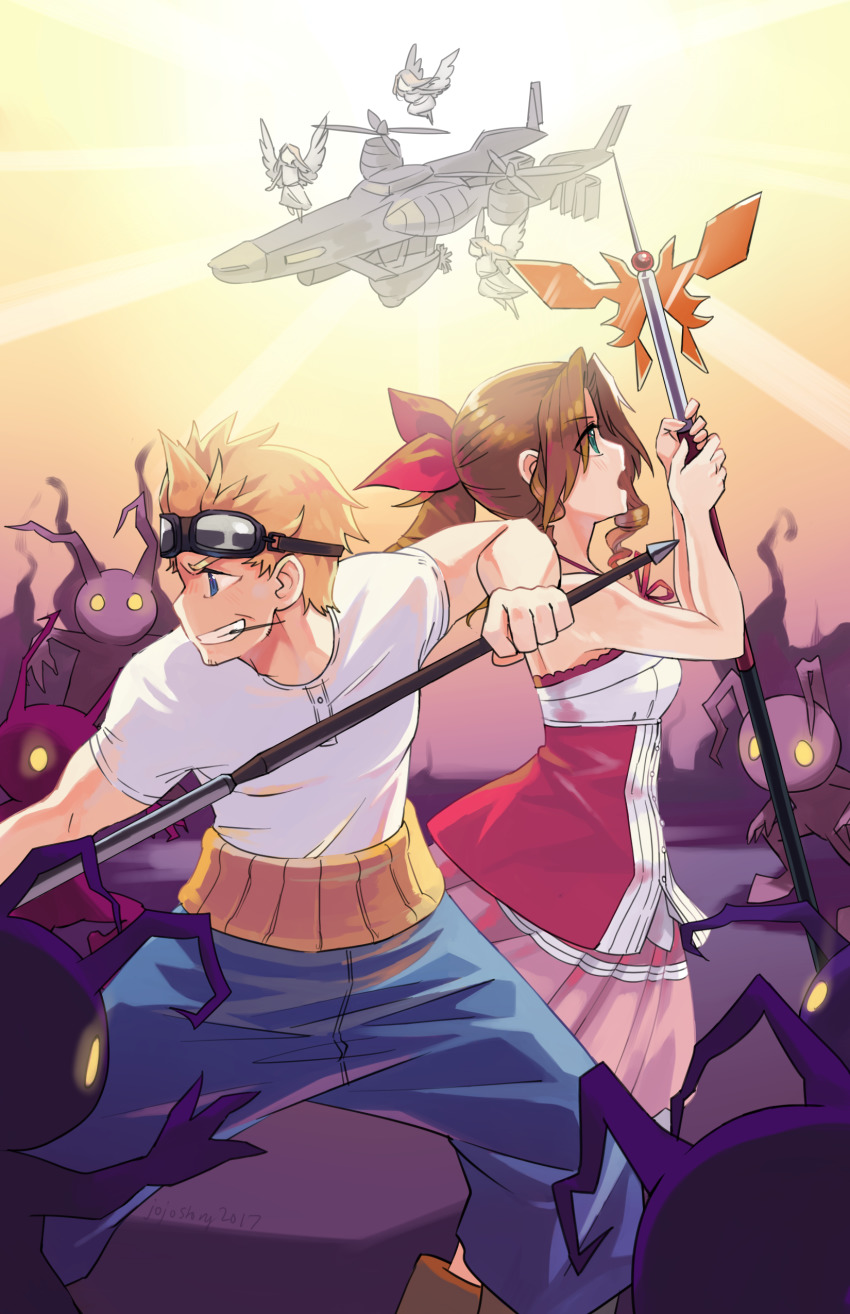 1boy, 1girl, absurdres, aerith_gainsborough, aircraft, airship, blonde_hair, blue_eyes