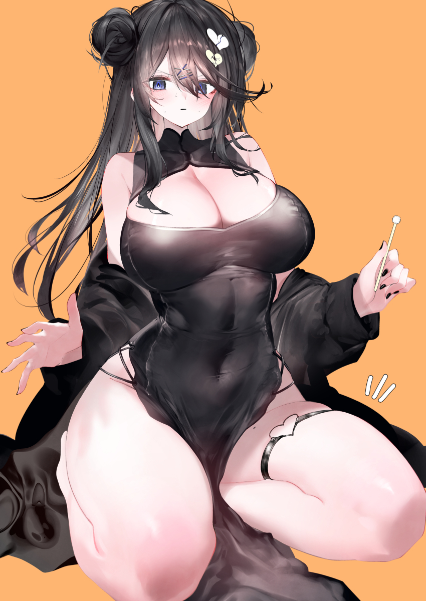 1girl, absurdres, bare_shoulders, black_dress, black_hair, black_nails, blue_eyes, blush