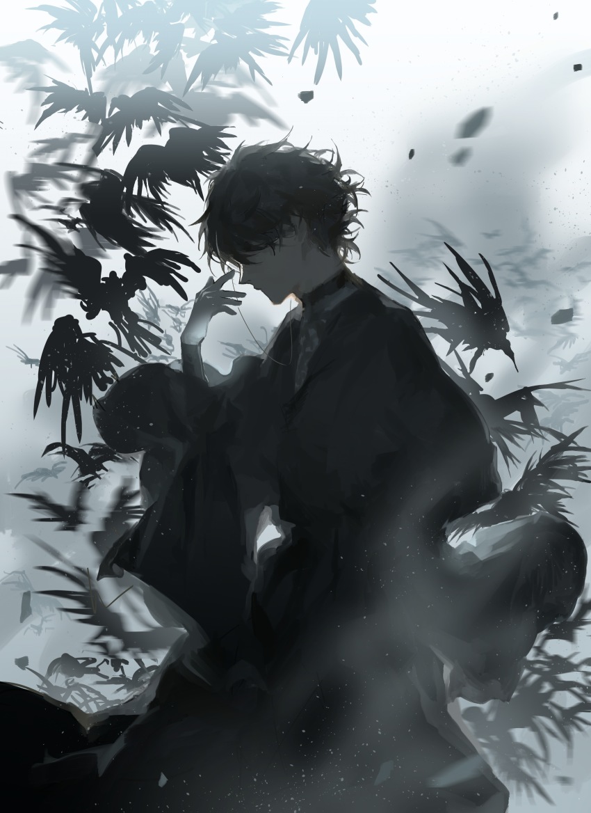 1boy, absurdres, adjusting_eyewear, amon_(lord_of_the_mysteries), angel, bird, black_hair, black_robe