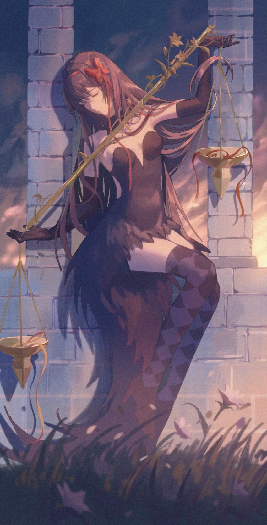 1girl, absurdres, akemi_homura, akuma_homura, argyle_clothes, argyle_thighhighs, arm_up, balance_scale