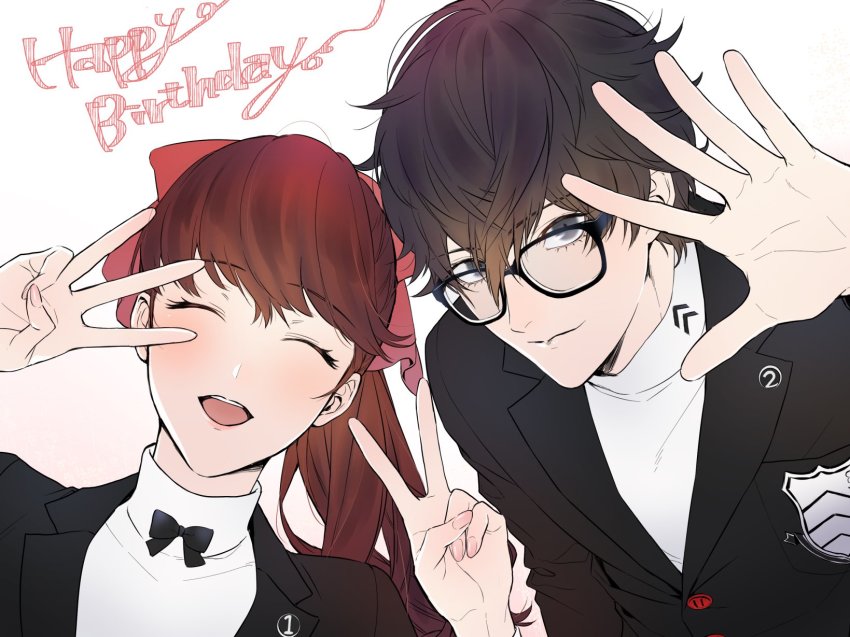 1boy, 1girl, amamiya_ren, black-framed_eyewear, black_hair, black_jacket, bow, closed_eyes
