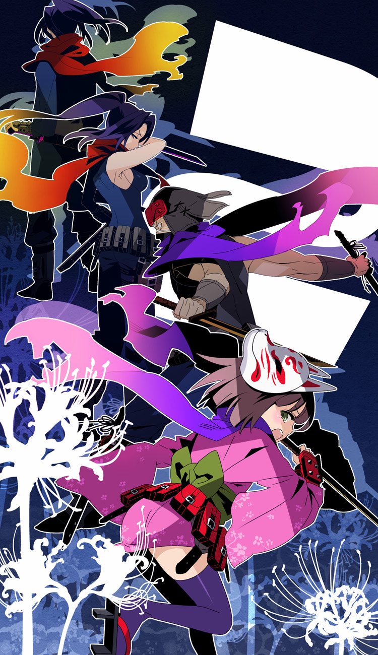 2boys, 2girls, atlus, belt, black_hair, brown_hair, etrian_odyssey, fox_mask