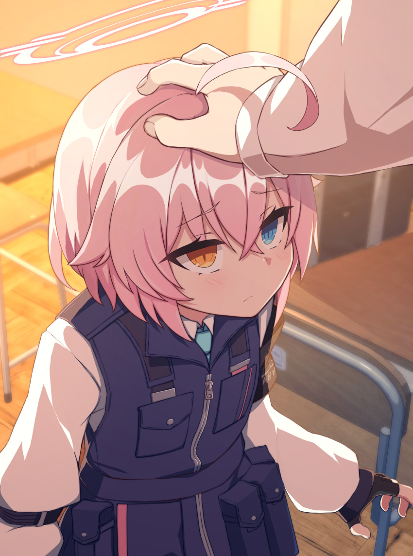 1girl, 1other, aged_down, ahoge, blue_archive, blue_eyes, blush, chair