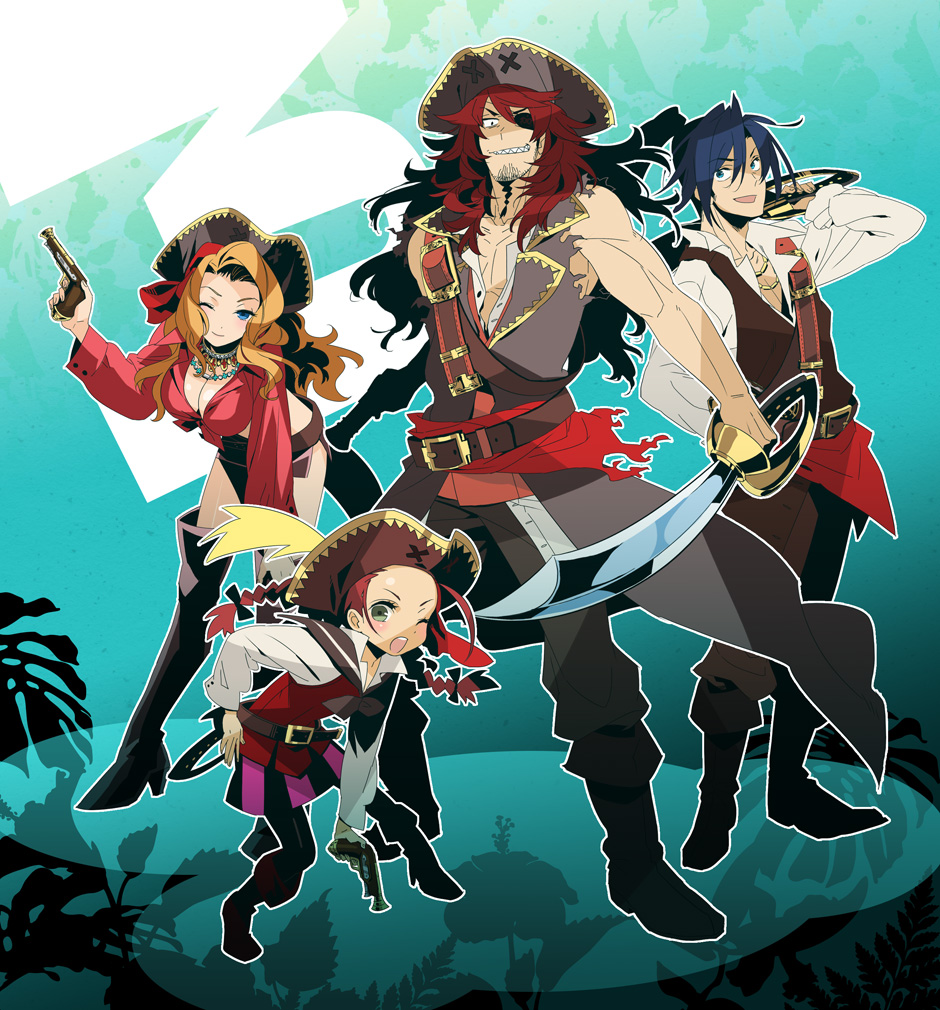 2boys, 2girls, atlus, belt, blue_eyes, blue_hair, braid, etrian_odyssey, eyepatch, green_eyes, gun, handgun, hat, makita, multiple_boys, multiple_girls, orange_hair, pirate_(sekaiju), pirate_1_(sekaiju), pirate_2_(sekaiju), pirate_3_(sekaiju), pirate_4_(sekaiju), ponytail, red_hair, sekaiju_no_meikyuu, sekaiju_no_meikyuu_3, sword, weapon
