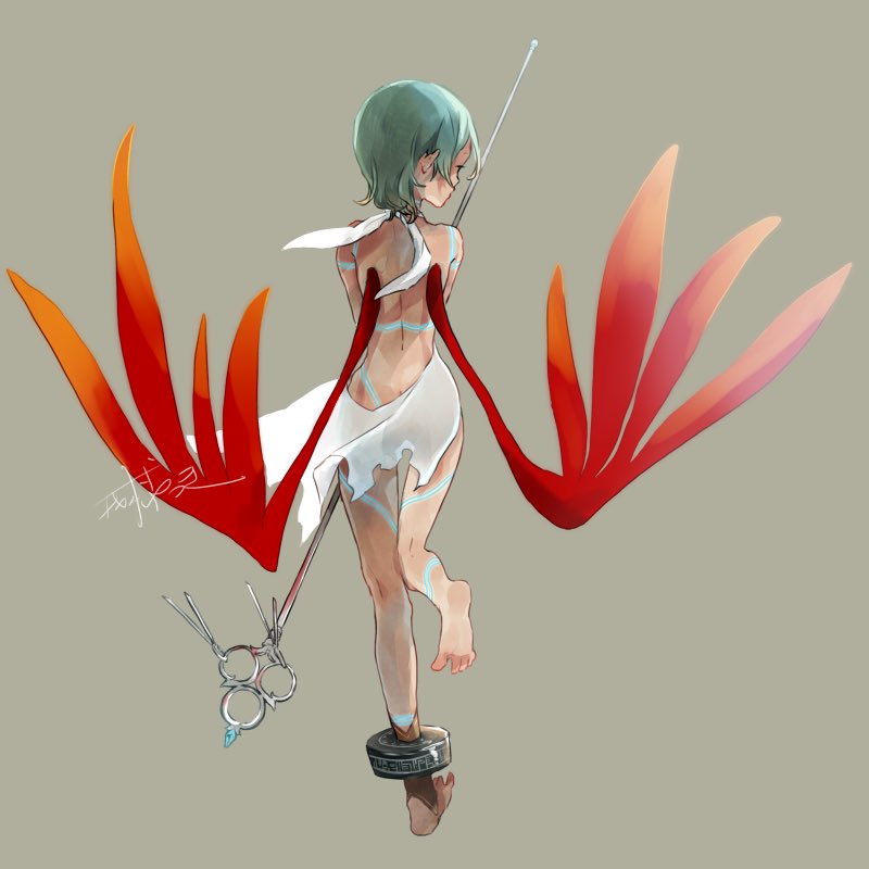 1girl, barefoot, bracelet, breath_of_fire, breath_of_fire_v, dress, full-body_tattoo, full_body, green_hair, jewelry, nina_(breath_of_fire_v), red_wings, see-through_clothes, short_hair, simple_background, solo, tattoo, underwear, weapon, white_dress, wings, yutsuki