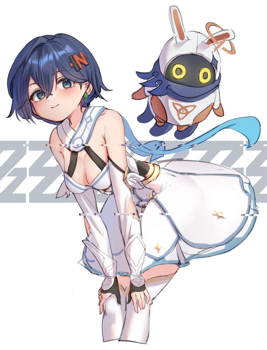 1girl, absurdres, bangboo_(zenless_zone_zero), belle_(zenless_zone_zero), blue_hair, breasts, cleavage, cosplay