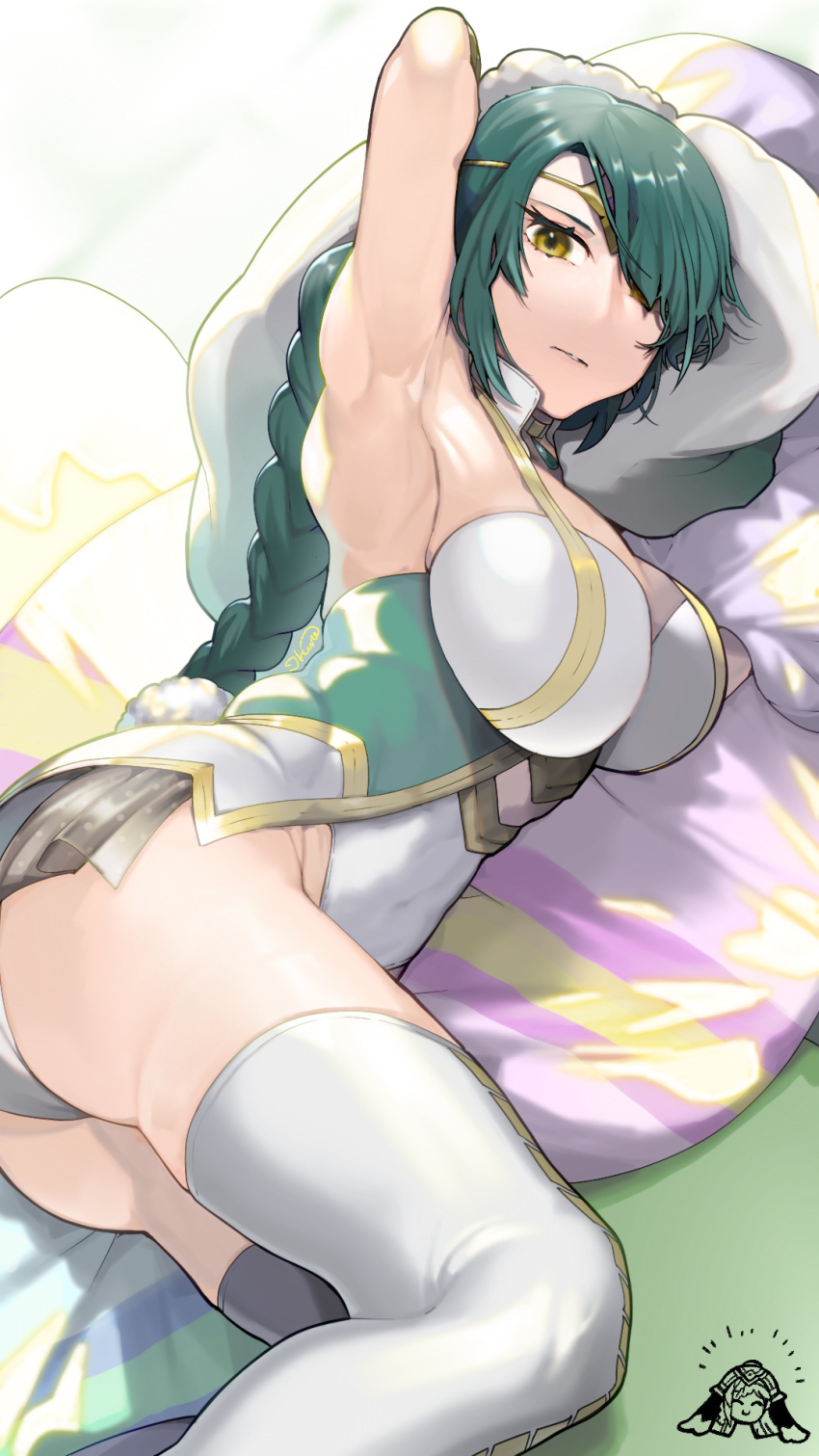 armpits, ass, braid, braided_ponytail, breasts, circlet, fire_emblem, fire_emblem_heroes, green_hair, hair_over_one_eye, highres, ikura_(downdexp), large_breasts, long_hair, lying, nintendo, on_side, panties, solo, thighhighs, thorr_(fire_emblem), underwear, white_panties, white_thighhighs, yellow_eyes