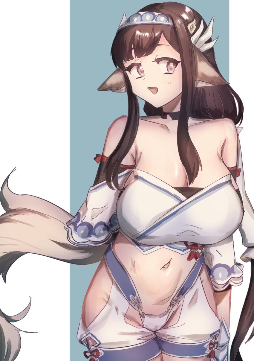 1girl, absurdly_long_hair, ainu_clothes, animal_ears, aquaplus, bare_shoulders, breasts, brown_hair