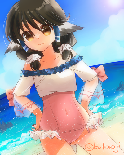 1girl, :3, ainu_clothes, animal_ears, aquaplus, aruruu, ass, bare_shoulders, breasts, brown_hair, closed_mouth, collarbone, frilled_swimsuit, frills, gradient_eyes, hair_between_eyes, hair_ornament, hair_over_shoulder, hands_on_own_hips, kukonoji, long_sleeves, looking_at_viewer, lowres, medium_hair, multicolored_eyes, off_shoulder, orange_eyes, see-through_clothes, see-through_sleeves, sidelocks, signature, small_breasts, solo, swimsuit, tail, thighs, twintails, utawarerumono, utawarerumono:_lost_flag, wide_sleeves