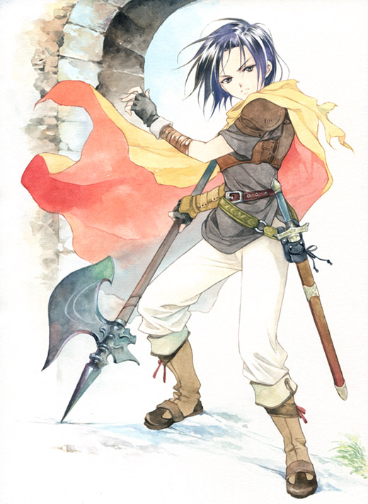 1boy, agahari, axe, black_hair, boots, cape, fingerless_gloves, fire_emblem, fire_emblem:_thracia_776, gloves, grey_eyes, machyua_(fire_emblem), male_focus, nintendo, polearm, short_hair, solo, sword, weapon