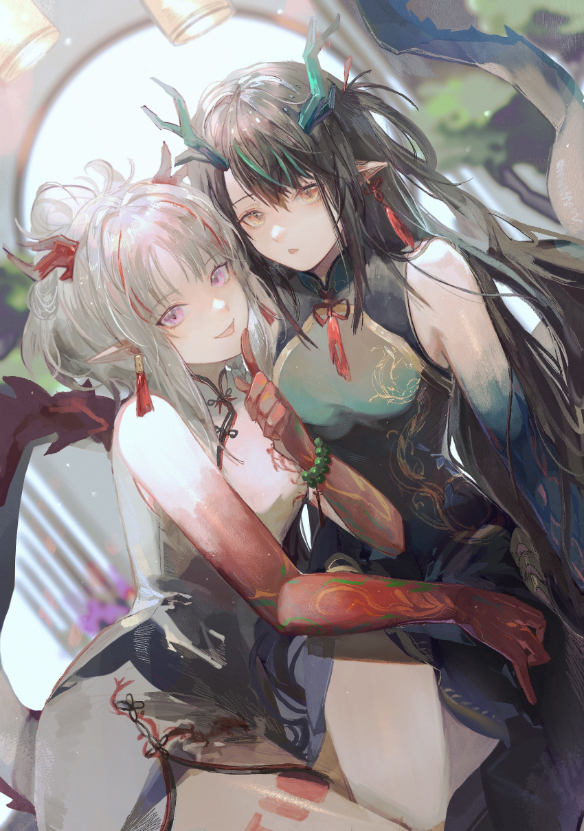 2girls, :p, arknights, arm_tattoo, black_hair, china_dress, chinese_clothes, colored_skin