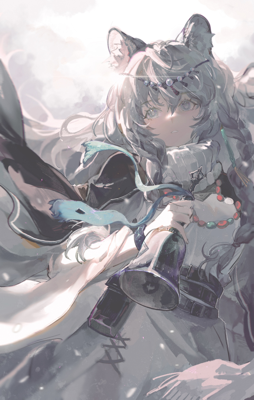 1girl, absurdres, animal_ears, arknights, bell, black_cape, bracelet, braid