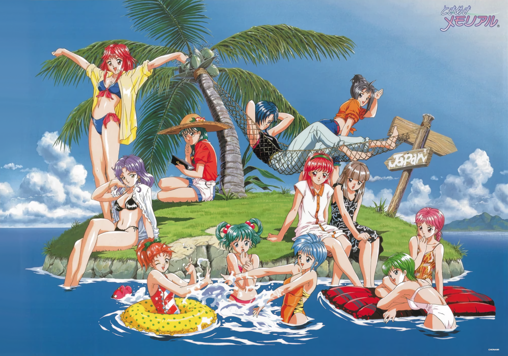 air_mattress, arms_up, asahina_yuko, bikini, blue_hair, brown_hair, casual_one-piece_swimsuit, crossed_legs