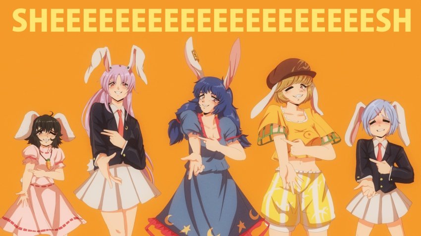1990s_(style), 5girls, =_=, animal_ears, black_hair, black_jacket, blazer, blue_hair, blue_shirt, blue_skirt, blush, breasts, brown_hair, brown_headwear, carrot_necklace, collared_shirt, commentary, cowboy_shot, crescent, crescent_pin, crescent_print, earclip, english_commentary, floppy_ears, frilled_sleeves, frills, grin, hat, highres, inaba_tewi, jacket, jewelry, long_hair, long_sleeves, looking_at_viewer, medium_breasts, meme, midriff, multiple_girls, navel, necklace, necktie, newsboy_cap, one_eye_closed, orange_background, orange_shirt, pink_shirt, pink_skirt, pleated_skirt, print_skirt, puffy_short_sleeves, puffy_sleeves, rabbit_ears, rabbit_girl, rabbit_tail, rabbit_youkai_group_(touhou), red_eyes, red_necktie, reisen_(touhou_bougetsushou), reisen_udongein_inaba, retro_artstyle, ribbon-trimmed_skirt, ribbon_trim, ringo_(touhou), seiran_(touhou), sheesh_(meme), shirt, short_hair, short_sleeves, shorts, simple_background, skirt, small_breasts, smile, star_(symbol), star_print, step_arts, tail, touhou, twintails, very_long_hair, white_shirt, white_skirt, yellow_shorts