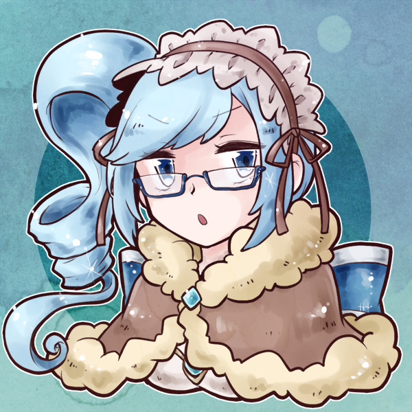 1girl, :o, blue-framed_eyewear, blue_eyes, blue_hair, brown_cape, brown_hairband, brown_ribbon
