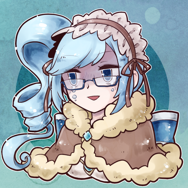 1girl, blue-framed_eyewear, blue_eyes, blue_hair, brown_cape, brown_hairband, brown_ribbon, cape