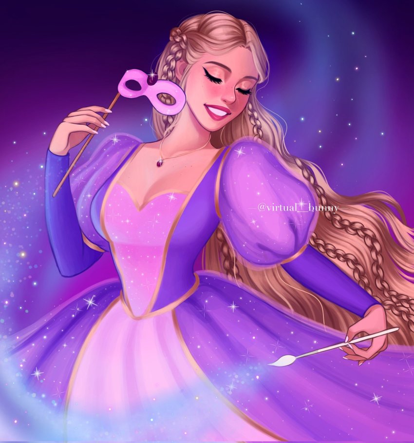 1girl, barbie_(character), barbie_(franchise), barbie_as_rapunzel, blonde_hair, braid, breasts, closed_eyes, dress, formal_clothes, gown, highres, jewelry, juliet_sleeves, long_hair, long_sleeves, magic, mask, masquerade_mask, nail_polish, necklace, paintbrush, princess, puffy_sleeves, purple_background, purple_dress, rapunzel_(barbie), rapunzel_(fairy_tale_character), red_lips, small_breasts, smile, solo, sparkle, very_long_hair, virtual_bunny