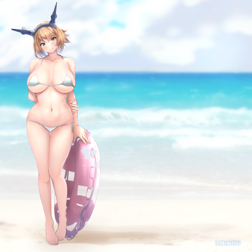 1girl, arm_behind_back, beach, bikini, blush, breasts, collarbone, full_body