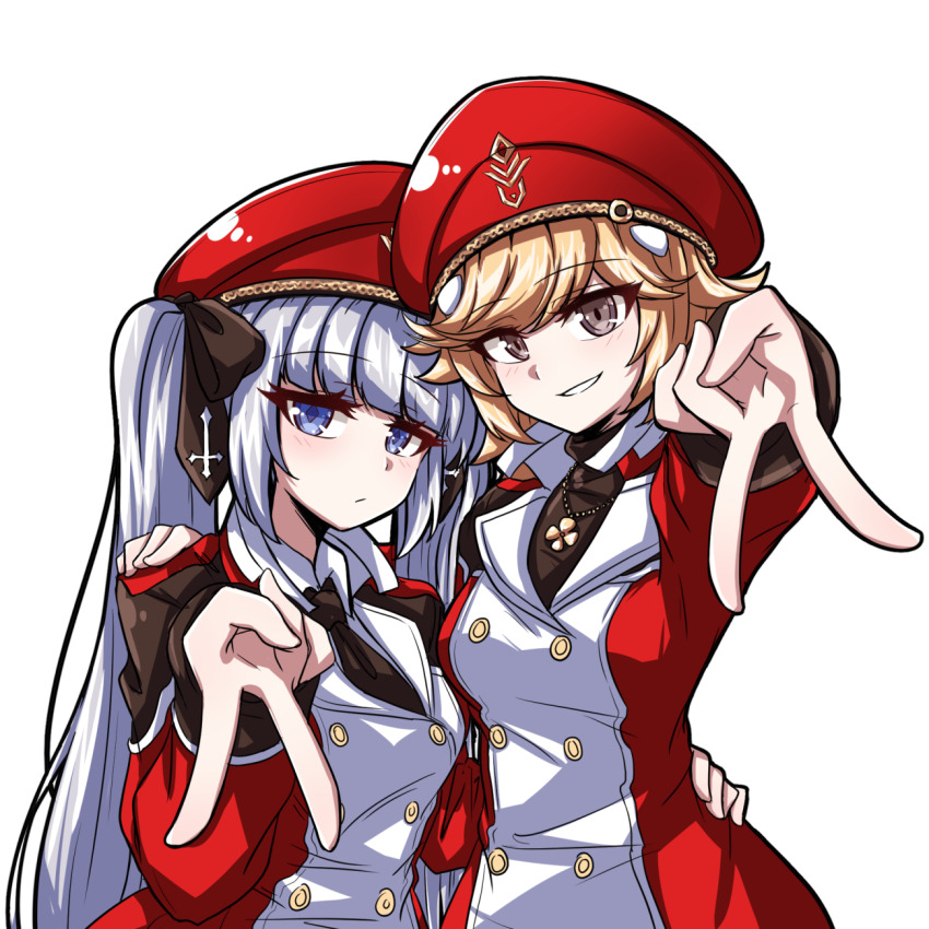 2girls, arm_up, bd_mmst, black_outline, black_ribbon, black_shirt, blonde_hair, blue_eyes