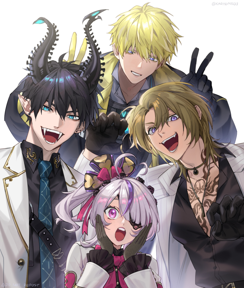 1girl, 3boys, :o, ahoge, belt, black_belt, black_gloves, black_hair