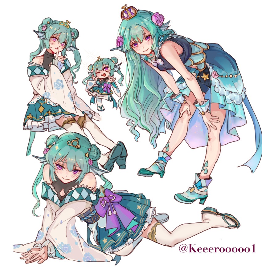 1girl, ;d, all_fours, bare_shoulders, black_shirt, blue_skirt, blush, chibi