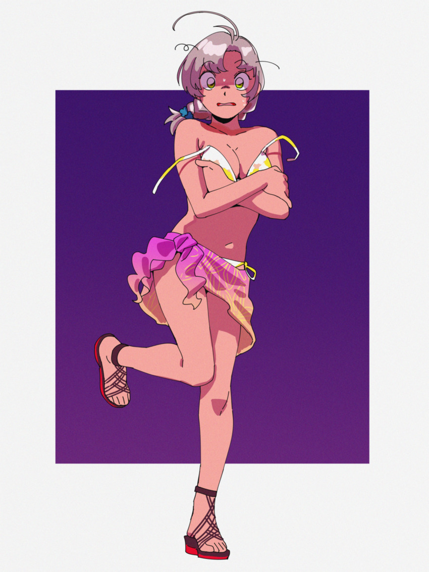 1girl, antenna_hair, bikini, braid, covering_breasts, covering_privates, crossed_arms, embarrassed