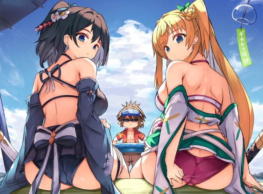 1boy, 2girls, adjusting_clothes, adjusting_swimsuit, ass, bikini, bikini_pull, bikini_skirt