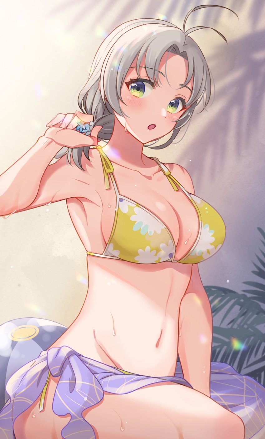 1girl, antenna_hair, bikini, braid, breasts, cleavage, floral_print, floral_print_bikini