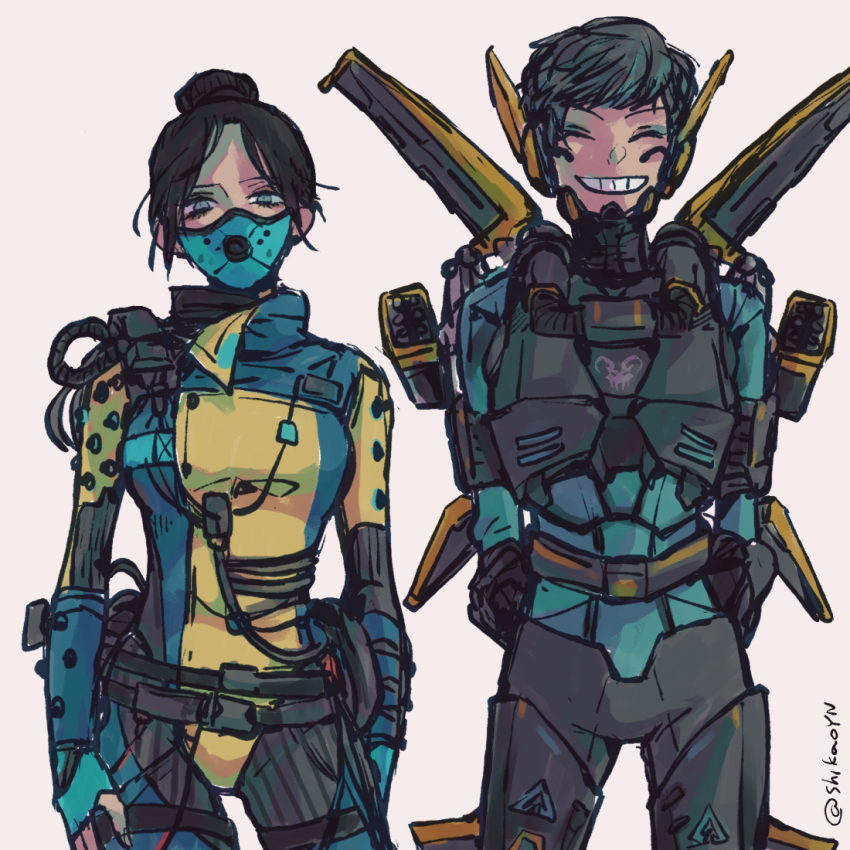 2girls, ^_^, animification, apex_legends, armor, black_hair, blue_bodysuit, blue_eyeshadow, bodysuit, breastplate, breasts, cable, closed_eyes, cowboy_shot, depths_of_the_void_wraith, eyeshadow, grey_hair, grin, hair_bun, head_tilt, jetpack, looking_at_viewer, makeup, mask, medium_breasts, missile_pod, mouth_mask, multiple_girls, official_alternate_costume, parted_bangs, shikao_(shikaoyn), short_hair, smile, twitter_username, valkyrie_(apex_legends), wraith_(apex_legends)