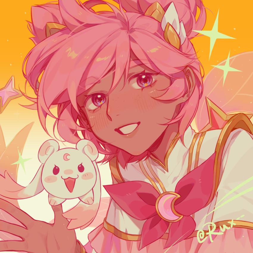 1girl, absurdres, blush, bow, bowtie, cone_hair_bun, crescent, dark-skinned_female