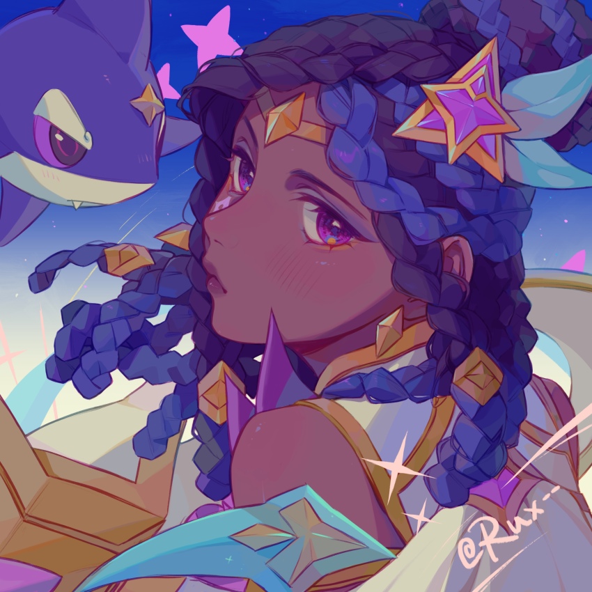 1girl, absurdres, bare_shoulders, black_hair, blue_background, blue_hair, blush, dark-skinned_female, dark_skin, dreadlocks, from_side, gradient_background, green_ribbon, grey_background, hair_ornament, hair_ribbon, highres, league_of_legends, long_hair, looking_at_viewer, pink_eyes, portrait, ribbon, ruan_chen_yue, senna_(league_of_legends), solo, sparkle, star_(symbol), star_guardian_(league_of_legends), star_guardian_senna, star_hair_ornament
