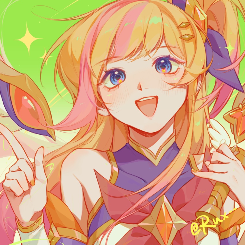 1girl, :d, absurdres, blonde_hair, blue_eyes, blush, bow, bowtie, covered_collarbone, detached_sleeves, gradient_background, green_background, hair_ornament, highres, holding, holding_staff, index_finger_raised, league_of_legends, long_hair, nail_polish, open_mouth, orange_nails, pink_bow, pink_bowtie, pink_hair, ruan_chen_yue, seraphine_(league_of_legends), side_ponytail, smile, solo, staff, star_guardian_(league_of_legends), star_guardian_seraphine, teeth, upper_teeth_only