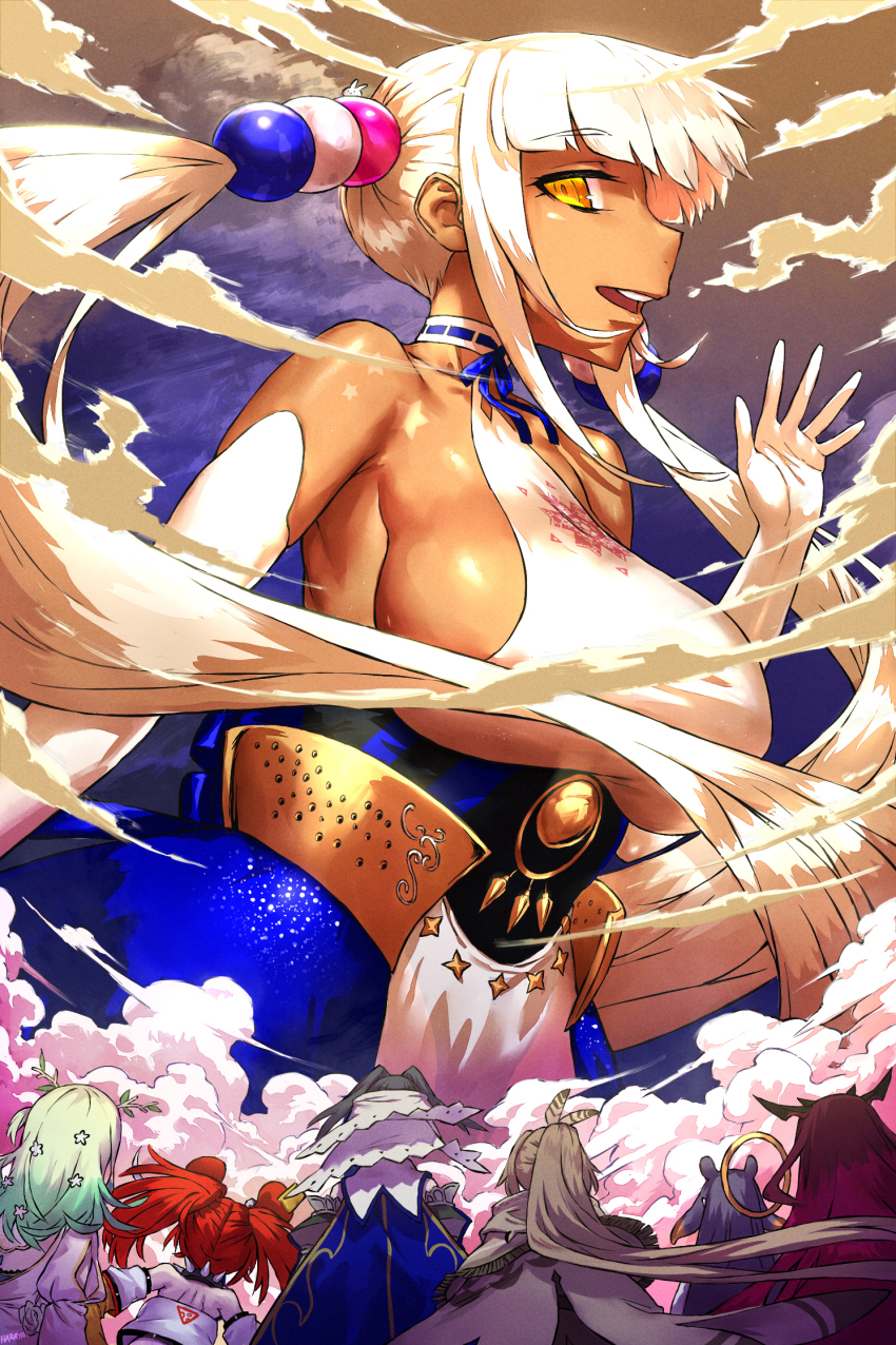 6+girls, :d, animal_ears, antlers, backless_outfit, bare_shoulders, black_dress, black_hair