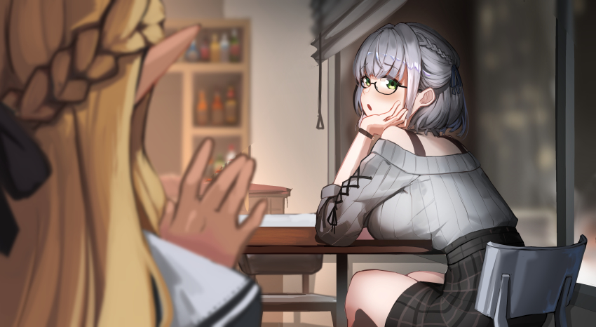 absurdres, black_choker, black_tank_top, blonde_hair, braid, breasts, brown_skirt, choker