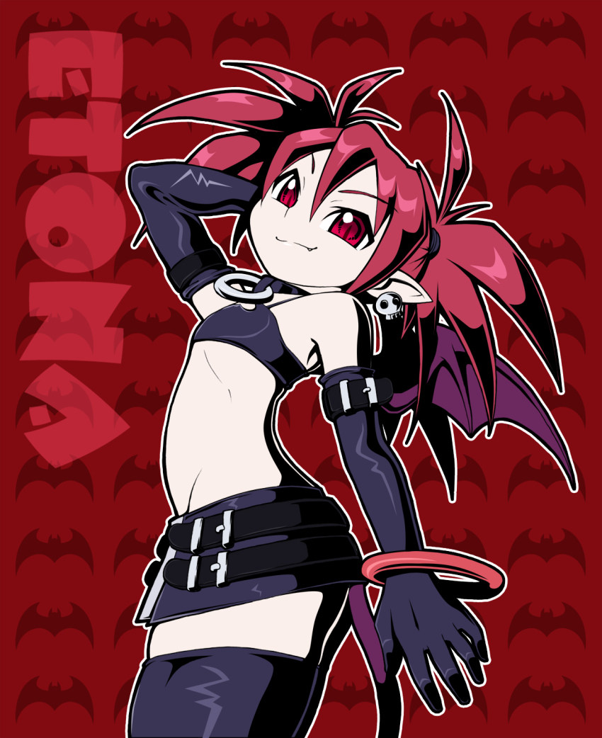 1girl, bat_wings, demon_girl, disgaea, earrings, elbow_gloves, etna_(disgaea), fang