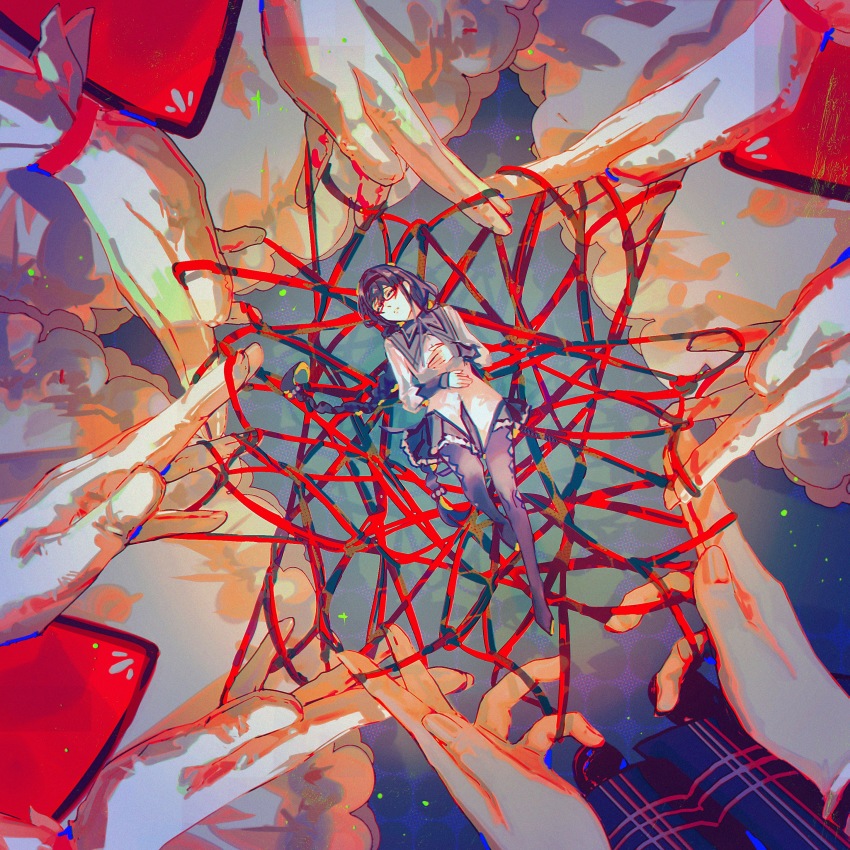 5girls, absurdres, akemi_homura, argyle_clothes, argyle_legwear, black_hair, blue_background, blue_skirt, braid, bubble_skirt, canothy, closed_eyes, frilled_skirt, frills, from_above, glasses, gloves, grey_skirt, hands_on_own_stomach, highres, jacket, kaname_madoka, knee_up, long_hair, long_sleeves, lying, mahou_shoujo_madoka_magica, multiple_girls, multiple_persona, neck_ribbon, on_back, out_of_frame, parted_lips, plaid_clothes, plaid_skirt, purple_thighhighs, red-framed_eyewear, red_ribbon, ribbon, silk, size_difference, skirt, spider_web, thighhighs, twin_braids, tying, white_gloves, white_jacket, white_skirt