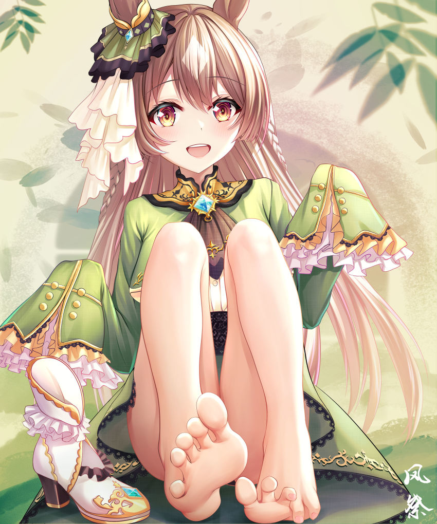 1girl, absurdres, animal_ears, bare_legs, barefoot, bow, braid, brown_eyes