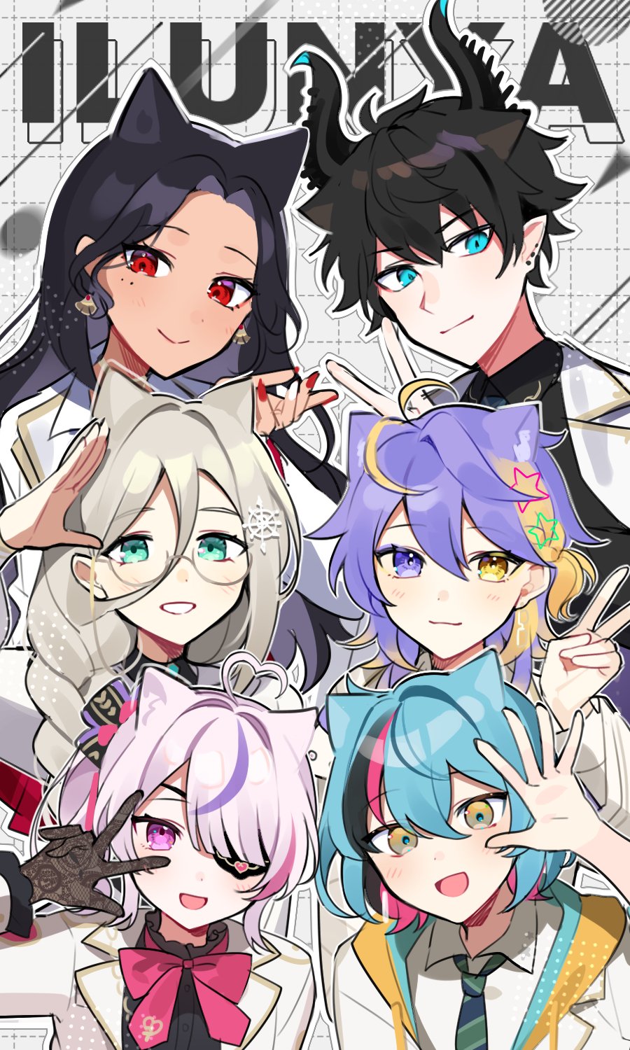 3boys, 3girls, :3, ahoge, aia_amare, animal_ears, antenna_hair, aqua_eyes, arm_up, aster_arcadia, aster_arcadia_(1st_costume), black_hair, blonde_hair, blue_eyes, blue_hair, bow, braid, cat_ears, collared_shirt, commentary, dark-skinned_female, dark_skin, ear_piercing, earrings, english_commentary, eyepatch, frilled_sleeves, frills, glasses, gloves, gradient_eyes, grey_hair, hair_between_eyes, hair_bow, hair_over_one_eye, hair_over_shoulder, heart, heart_ahoge, highres, horns, iluna, jewelry, kyo_kaneko, lace, lace_gloves, long_hair, long_sleeves, maria_marionette, mole, mole_under_eye, multicolored_eyes, multicolored_hair, multiple_boys, multiple_girls, nail_polish, necktie, nijisanji, nijisanji_en, piercing, pink_eyes, pink_hair, pointy_ears, purple_eyes, purple_hair, red_eyes, red_nails, ren_zotto, ren_zotto_(1st_costume), salute, scarle_yonaguni, shirt, short_hair, single_earring, smile, streaked_hair, upper_body, v, virtual_youtuber, w, w_over_eye, waka_(wk4444), yellow_eyes
