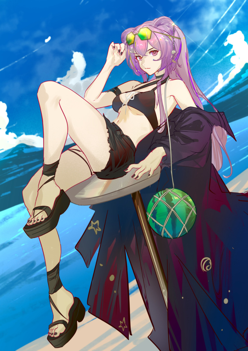 1girl, absurdres, adjusting_eyewear, ankle_strap, arknights, bare_shoulders, bikini, black_bikini