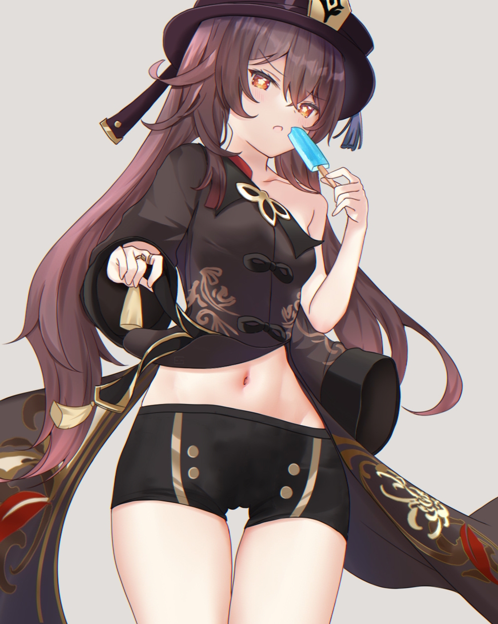 1girl, :o, bare_shoulders, black_hat, black_shorts, blush, brown_hair, chinese_clothes, cowboy_shot, eating, food, genshin_impact, half-closed_eyes, hat, highres, hu_tao_(genshin_impact), lifting_own_clothes, long_hair, looking_at_viewer, midriff, navel, open_mouth, popsicle, red_eyes, shiratori_aki, short_shorts, shorts, symbol-shaped_pupils, tailcoat, top_hat, twintails, very_long_hair