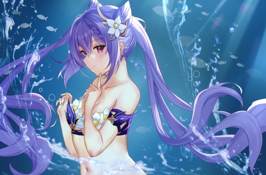 1girl, bare_shoulders, braid, double_bun, earrings, finger_to_own_chin, fish, flower