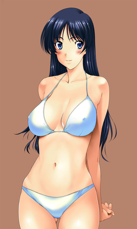 1girl, bad_id, bad_pixiv_id, bikini, black_hair, blue_eyes, blush, breasts