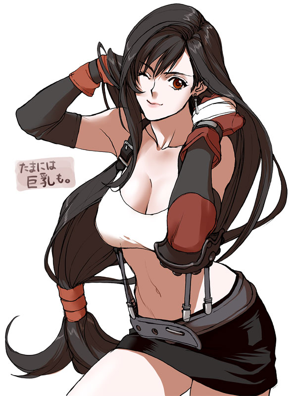 1girl, bandaged_hand, bandages, bare_shoulders, black_gloves, black_hair, black_skirt, breasts, cleavage, collarbone, cowboy_shot, earrings, elbow_gloves, elbow_pads, final_fantasy, final_fantasy_vii, gloves, hair_between_eyes, hair_over_one_eye, hand_in_own_hair, jewelry, large_breasts, long_hair, looking_at_viewer, low-tied_long_hair, midriff, miniskirt, navel, one_eye_closed, red_eyes, red_gloves, shirt, skirt, smile, solo, square_enix, suspender_skirt, suspenders, thighs, tifa_lockhart, upper_body, white_background, white_shirt, yonesuke