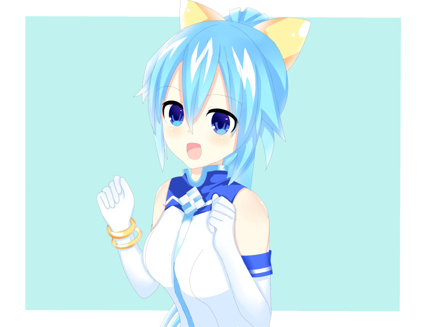 bare_shoulders, blue_background, blue_eyes, blue_hair, breasts, choujigen_taisen_neptune_vs_sega_hard_girls, collar, dress