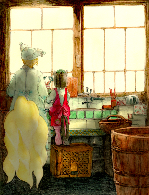 2girls, animal_ears, bad_id, bad_pixiv_id, blonde_hair, brown_hair, cat_ears, cat_girl, cat_tail, chen, female_focus, fox_tail, hat, multiple_girls, multiple_tails, nisabo, short_hair, tail, touhou, yakumo_ran