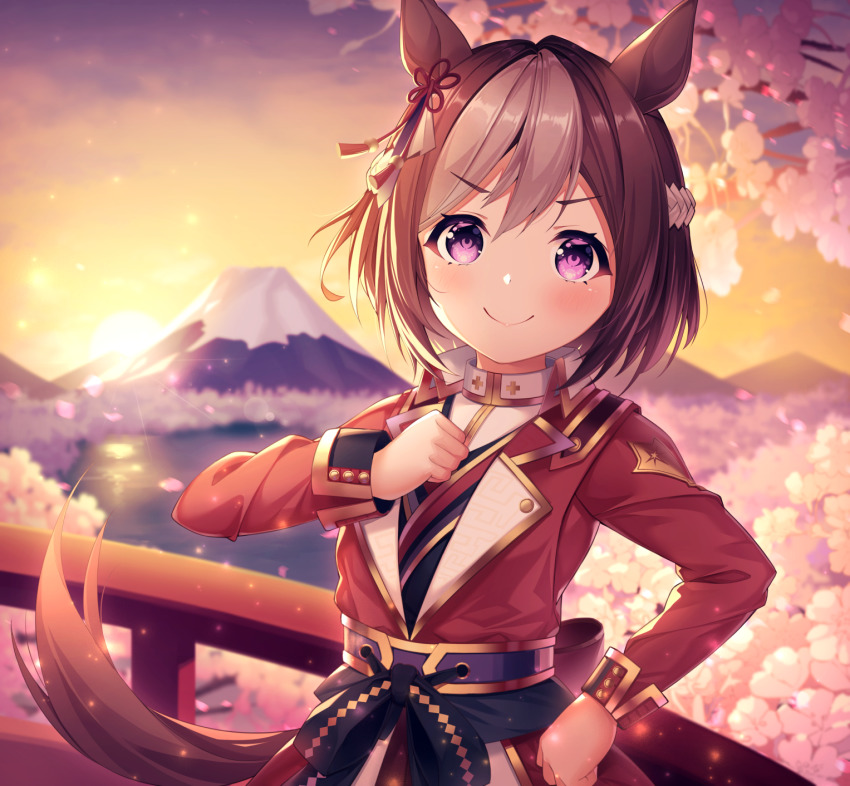 1girl, alternate_costume, animal_ears, blurry, blurry_background, blush, cherry_blossoms, hair_ornament