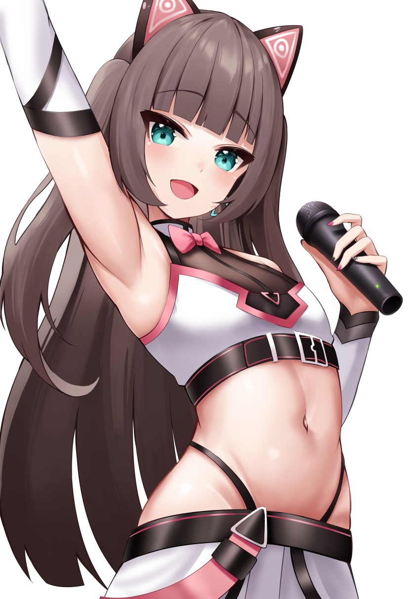 1girl, absurdres, animal_ear_headphones, animal_ears, aqua_eyes, arm_up, armpits, belt