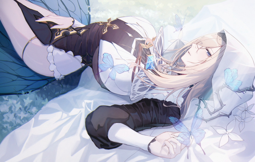1girl, aponia, blue_butterfly, blue_eyes, breast_curtains, breasts, brooch, brown_hair, bug, butterfly, butterfly_wings, frills, highres, honkai_(series), honkai_impact_3rd, insect, insect_wings, jewelry, large_breasts, long_bangs, long_sleeves, looking_at_viewer, looking_to_the_side, lying, nun, nun_headdress, outdoors, parted_lips, roon_(ddeer2010), solo, veil, wings