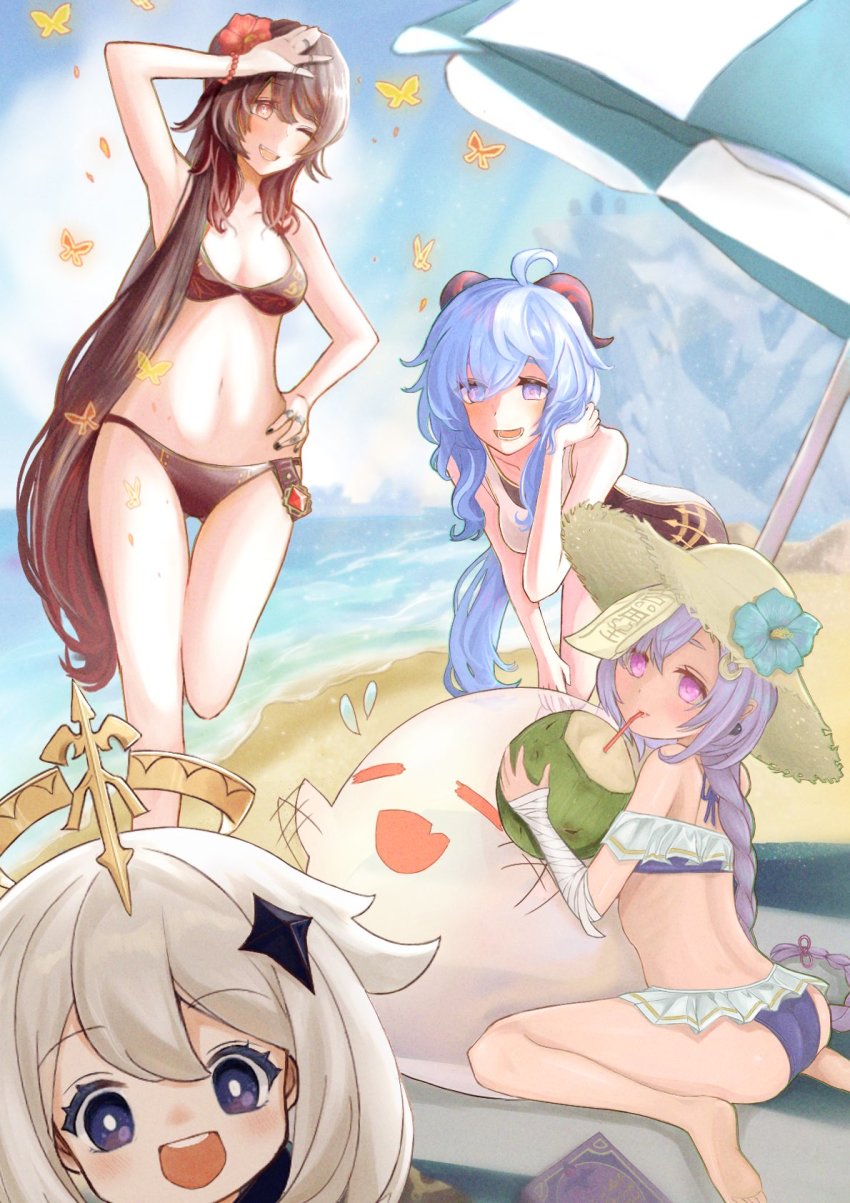 ahoge, bare_shoulders, barefoot, beach, beach_hat, beach_umbrella, bikini, breasts, cleavage, coconut, drink, drinking, drinking_straw, female_focus, flower, ganyu_(genshin_impact), genshin_impact, goat_horns, hair_flower, hair_ornament, halo, highres, horns, hu_tao_(genshin_impact), jewelry, long_hair, looking_at_viewer, multiple_girls, nail_polish, open_mouth, paimon_(genshin_impact), qiqi_(genshin_impact), ring, short_hair, sitting, smile, standing, standing_on_one_leg, sunlight, swimsuit, thighs, umbrella, unusual_pupils, wariza